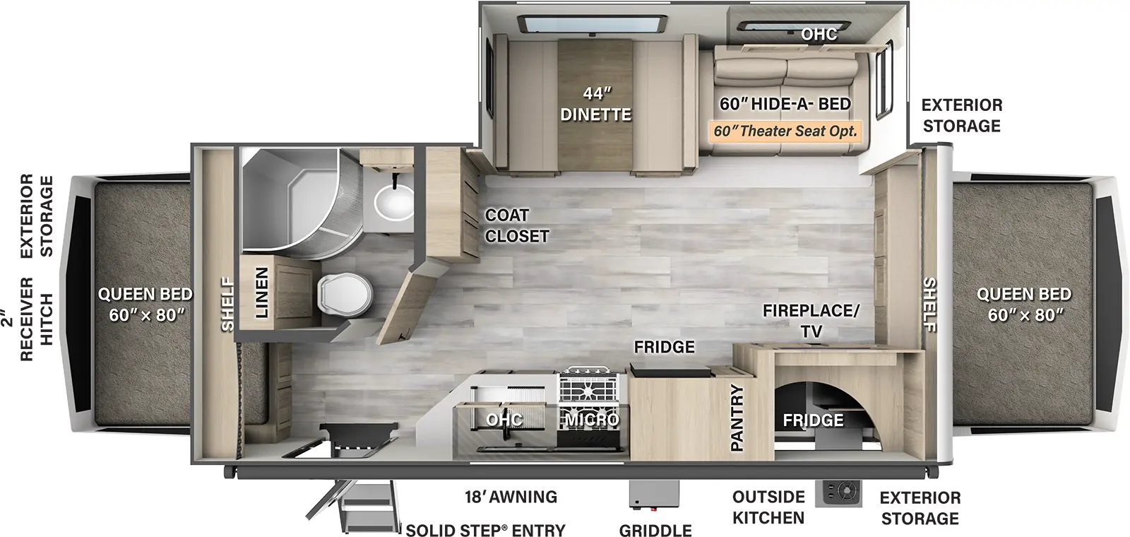 The 235S has one slide out and one entry door. Exterior features an 18 foot awning, solid step entry, outside kitchen with refrigerator, griddle, exterior storage on both sides and rear, and 2 inch receiver hitch. Interior layout front to back: front queen tent bed with shelf; off-door side slideout with hide-a-bed (theater seating optional), overhead cabinet and dinette, coat closet, and full bathroom with linen closet; door side TV and fireplace, pantry, refrigerator, cooktop, microwave, sink, overhead cabinet, and entry; rear queen tent bed with shelf above.